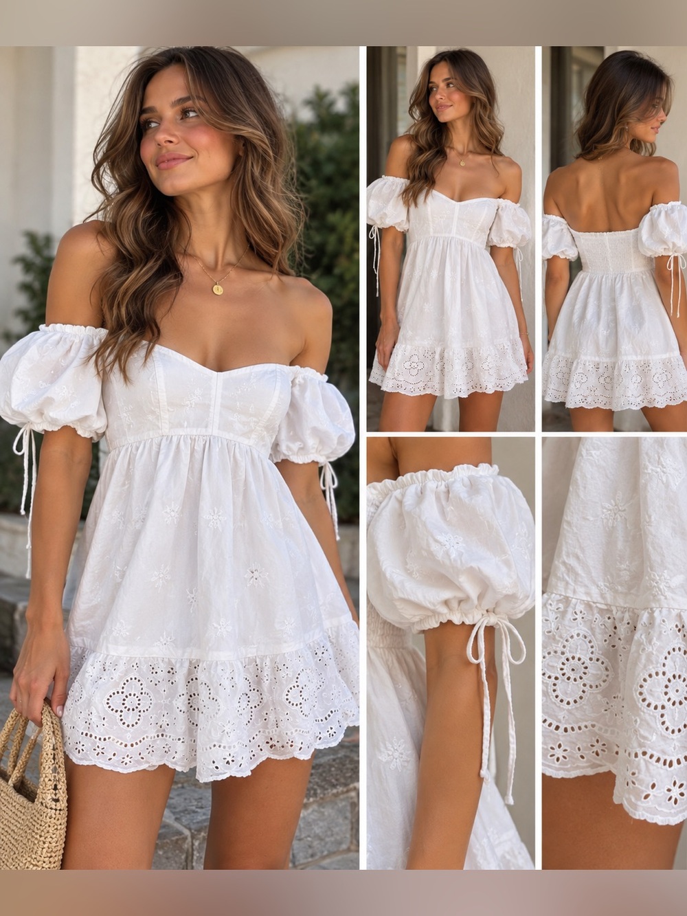 SIM & SAM White Eyelet Off Shoulder Mini Dress XS Puff Sleeve Cottagecore